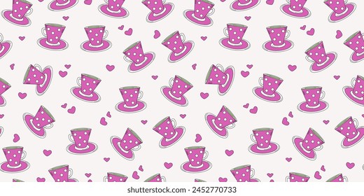 Pattern Cup of coffee, tea. Hearts, Valentine's Day. Drinks, dishes. Doodle style. Vector graphics. Seamless background.