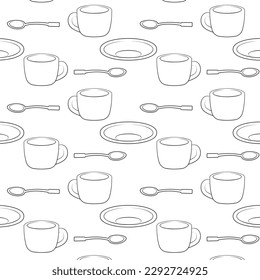 Pattern cup, saucer and spoons, icons drawn in a linear style, minimalism. Background design for menu, cafe, greeting cards, posters, t-shirts, banners, print invitations. Vector. Doodle. Coffee set.
