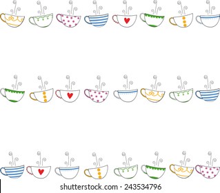 Pattern of cup of tea. Tea time vector illustration. Tea and cake. Hand drawing. 