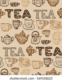 Pattern with cup and teapot. Hand drawn tea time collection.  Vector illustration.
