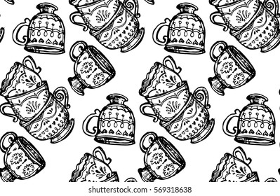 Pattern with cup and teapot. Hand drawn tea time collection.  Vector illustration.