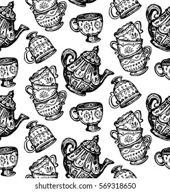 Pattern with cup and teapot. Hand drawn tea time collection.  Vector illustration.