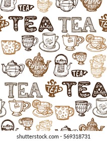 Pattern with cup and teapot. Hand drawn tea time collection.  Vector illustration.
