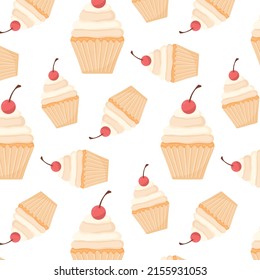 Pattern with cupcake and cherry. Seamless pattern with muffin with cream. Vector illustration in cartoon style.