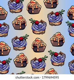 Pattern of cupcake, orange and blue background, seamless background, seamless background with cakes, whipped cream, vector sweets, pattern for gift paper, pattern for fabric, clothing, holiday, pastry