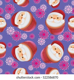 Pattern with cupcake Santa Claus. Seamless pattern on light purple background with snowflakes. For textile, wrapping Christmas desserts. 