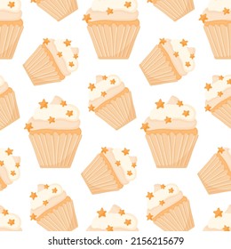 Pattern with cupcake and stars. Seamless pattern with bun and cream. Vector illustration in cartoon style.