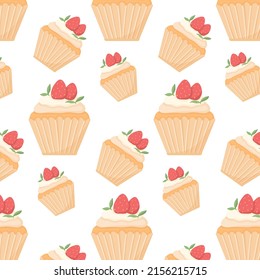 Pattern with cupcake and strawberries. Seamless pattern with bun and cream. Vector illustration in cartoon style.