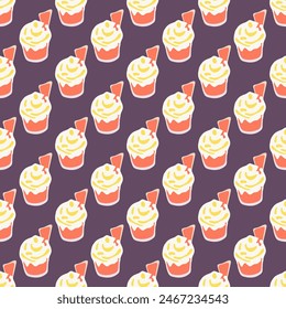 A pattern of cupcakes with frosting and bananas. The cupcakes are arranged in a row and are all the same size