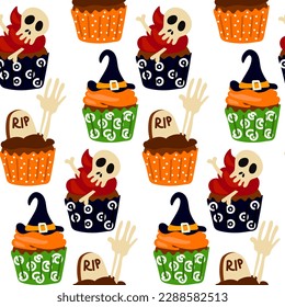 Un patrón de quequitos para Halloween. Productos horneados en forma de muffins con un sombrero de bruja, una tumba, un esqueleto, un cráneo. Vector de dibujos animados. Papel de envolver para Halloween, cubierta, patrón, tela. Blanco