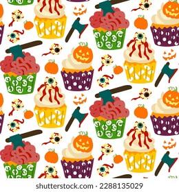 Pasteles de patrón para Halloween. Pasteles en forma de muffins con un cerebro con un hacha, calabaza con una cara, ojos. Vector de dibujos animados. Papel de envolver para Halloween, cubierta, patrón, tela. Blanco