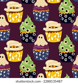 Pasteles de patrón para Halloween. Pasteles en forma de muffins con un fantasma, una momia, una babosa verde con ojos. Vector de dibujos animados. Papel de envolver para Halloween, cubierta, patrón, tela. Violet