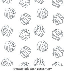 Pattern with cupcakes. Hand drawn black-n-white pattern of cupcakes decorated with blueberries. Vector 8 EPS.