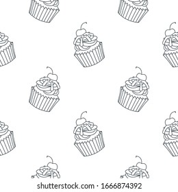 Patrón con quequitos. Pasteles pintados a mano en blanco y negro adornados con cerezas. Vector 8 EPS.