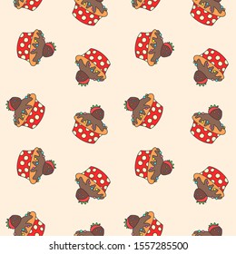 Pattern with cupcakes. Hand drawn pattern of cupcakes decorated with strawberries on light brown background. Vector 8 EPS.