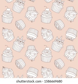 Pattern with cupcakes. Hand drawn monochrome background of cupcakes. Vector 8 EPS.