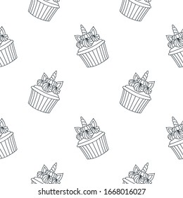 
Pattern with cupcakes. Hand drawn pink pattern of cupcakes decorated with cream and unicorn horn. Vector 8 EPS.