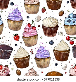 Pattern cupcakes line drawn on a white background. Colorful pastries with cream. Vector sketch