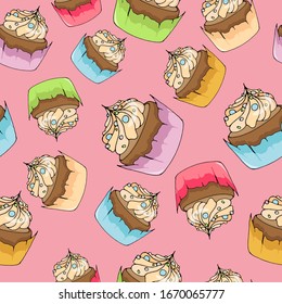 pattern with cupcakes on a pink background, cupcakes with different colors, pattern with beautiful sweets, vector illustration on a pink background with cupcakes, sweet cakes for printing  notebooks