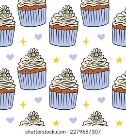 Pattern with cupcakes on a white background. Sweet pastry decorated with a flower. Seamless pattern. Vector illustration