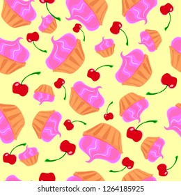 Pattern of cupcakes with pink cream and red cherries on a yellow background