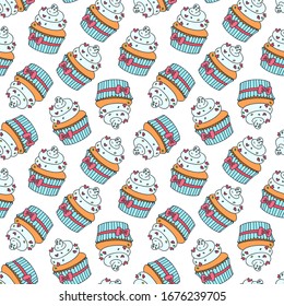 Pattern with cupcakes. Seamless pattern of cupcakes decorated with cream and hearts on a white background. Vector 8 EPS.