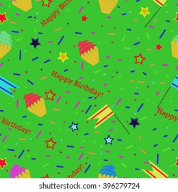 Pattern with cupcakes, stars and decorative elements on the green background