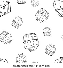 pattern with cupcakes, vector illustration, black lines, sketch. Cut coloring book.