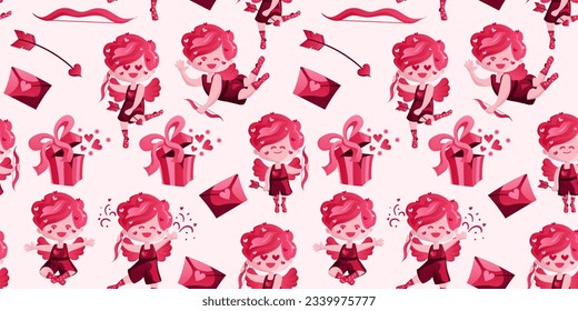 Pattern with cupid on Valentine s Day. Seamless pattern. Vector. Can be used to create charming and romantic designs for greeting cards, gift wrapping, stationery, or other love-themed materials.