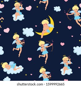 Pattern with cupids, hearts, clouds and stars. Vector graphics