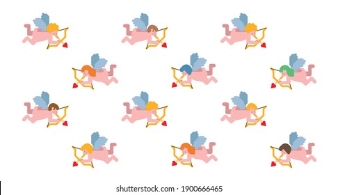 Pattern Cupids holding bows and shooting arrows on white background. Group of flat design icons of angels, Eros, god of love and passion in Greek mythology