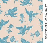 Pattern with cupids and roses. Seamless vector texture. Beautiful St. Valentine