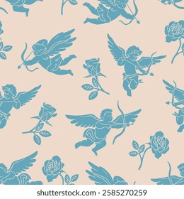 Pattern with cupids and roses. Seamless vector texture. Beautiful St. Valentine's Day wrapping paper template. Blue cupids silhouettes on beige background