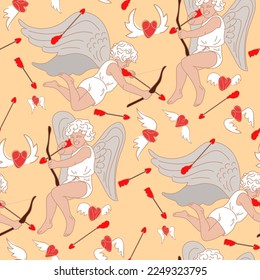 A pattern of cupids shooting at hearts and looking for a soul mate. Hunting for flying hearts. Angels with wings bows and arrows. Printing on textiles and paper. Cute retro style gift wrapping