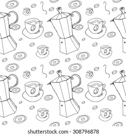 Pattern of cups , bagels and coffee machines, pen-drawn seamless