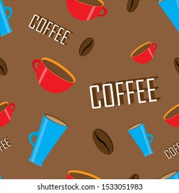 pattern of cups of coffee grains and the inscription