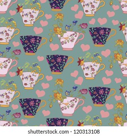 Pattern with cups, flowers and hearts