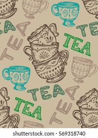 Pattern with cups. Hand drawn tea time collection.  Vector illustration.