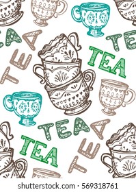 Pattern with cups. Hand drawn tea time collection.  Vector illustration.