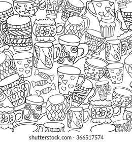 Pattern with cups and mugs. Hand drawn zentangle. Vector illustration eps 10 for your design. Black and white background.
