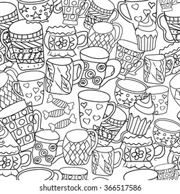 Pattern with cups and mugs. Hand drawn zentangle. Vector illustration eps 10 for your design. Black and white background.