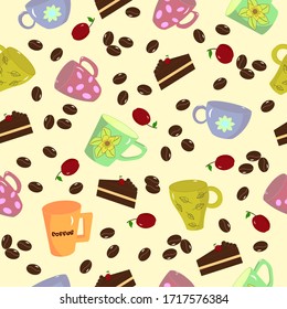 Pattern of cups and pieces of cake. Vector illustration. Coffee and tea cup icon.