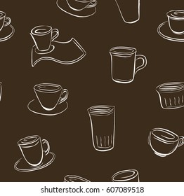 
The pattern of cups of tea, coffee, cups, saucers, white silhouettes on brown background