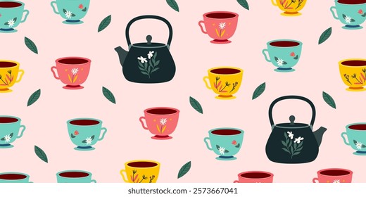 Pattern with cups and teapot. Vector illustration