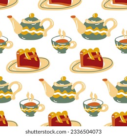 A pattern with cups, teapots and cherry pie on a plate. Cozy home autumn seamless background. Design of kitchen textiles, invitation cards, packaging. Cute, warm autumn vector illustration. Packaging