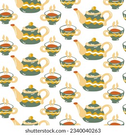 Pattern with cups and teapots. Cozy home autumn seamless background. Design of kitchen textiles, invitation cards, packaging. Cute, warm autumn vector illustration. Delicate shades