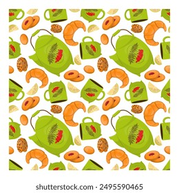 Patrón con tazas, teteras, deliciosas galletas, croissants. Fondo sin costuras de otoño acogedor. Diseño para textiles de cocina, invitaciones, empaques. Linda, cálida Ilustración vectorial de otoño.