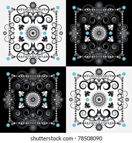 pattern with curl and flower on square background