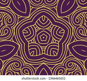 Pattern with curls and flower yellow on a purple background - Vector. Vector illustration
