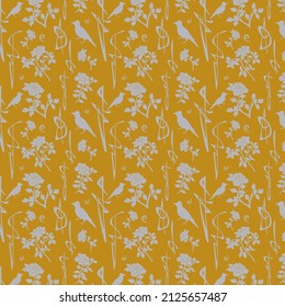 A pattern of curls and stylized peonies and a silhouette of a bird